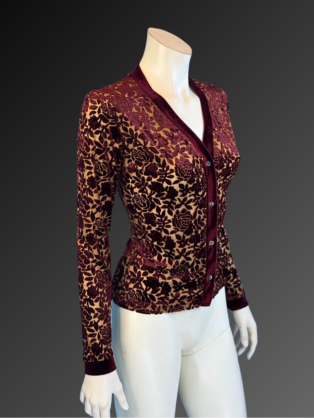 90s Burgundy Velvet Burnout Romantic Gothic Floral Devore Cardigan | XS S - Picture 9 of 11